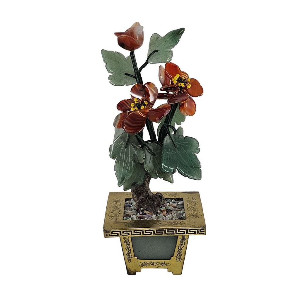 Vintage Chinese Jade Bonsai Tree Carved Carnelian Gemstone Brass Planter